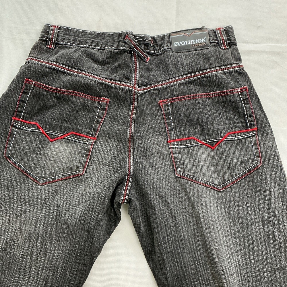 Vtg Evolution In Design Baggy Jeans 34x32 Black Red Stitching Y2K Skater Grunge